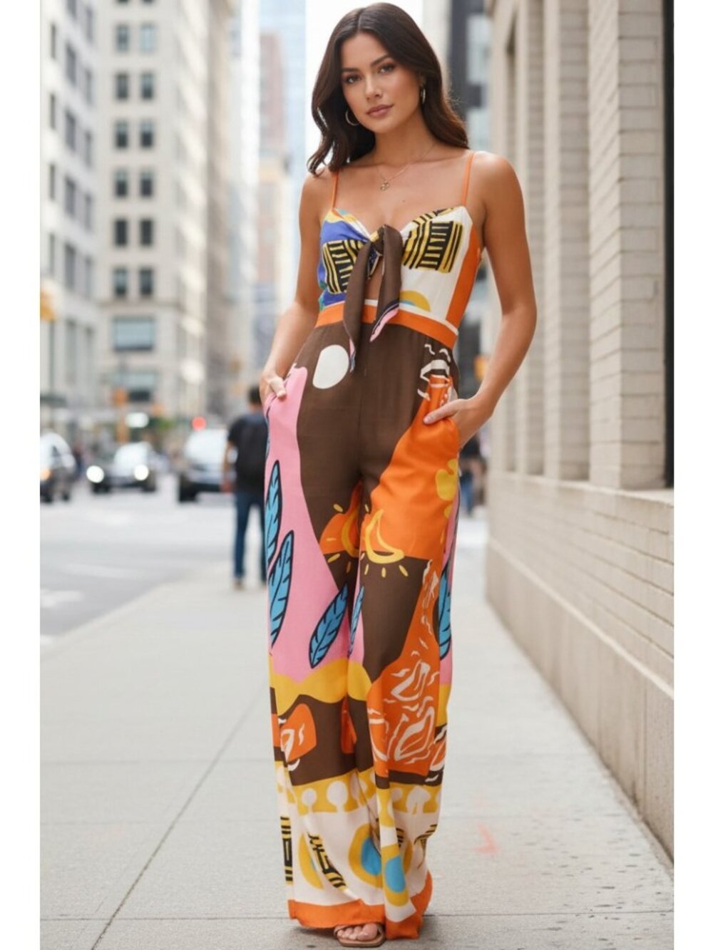 Tie Knot Cutout Bodice Sweetheart Neck Side Slit Pockets Wide Leg Pant Jumpsuit